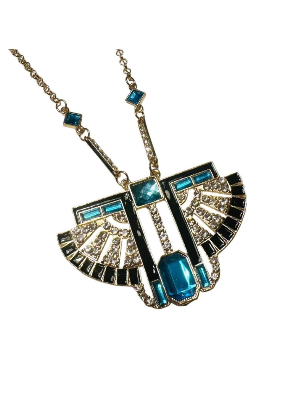 Art Deco-Style Gold Necklace With Blue & Clear Accents Egyptian Revival